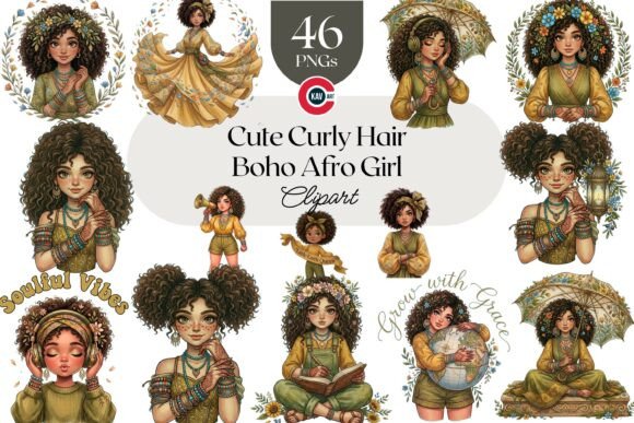 Charming Boho Afro Girl Clipart for Creative Projects