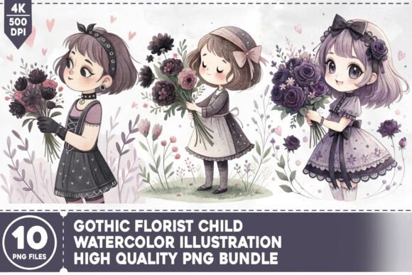 Gothic Florist Child PNG Bundle: A Darkly Whimsical Design Asset