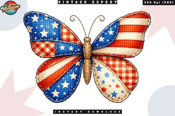 Red White Blue Butterfly Patchwork PNG for Patriotic Crafts