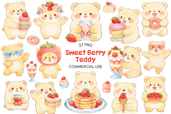 Sweet Berry Teddy Clipart Bundle Kawaii: Cute Bears & Strawberries