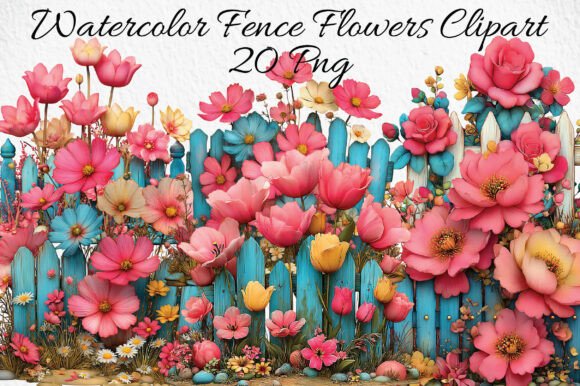 Watercolor Fence Flowers Clipart: Your Garden-Inspired Design Asset
