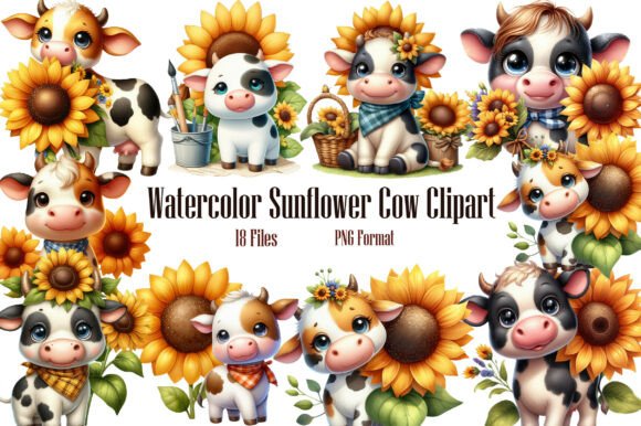 Watercolor Sunflower Cow Clipart: A Charming Design Asset