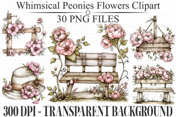 Whimsical Peonies Flowers Clipart PNG for Your Projects